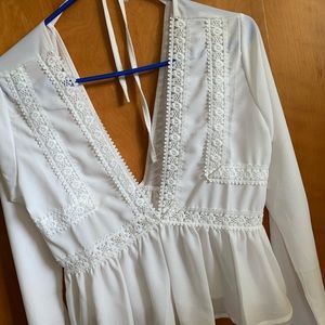 Shein Plunging V-neckline lace trim tie frill top